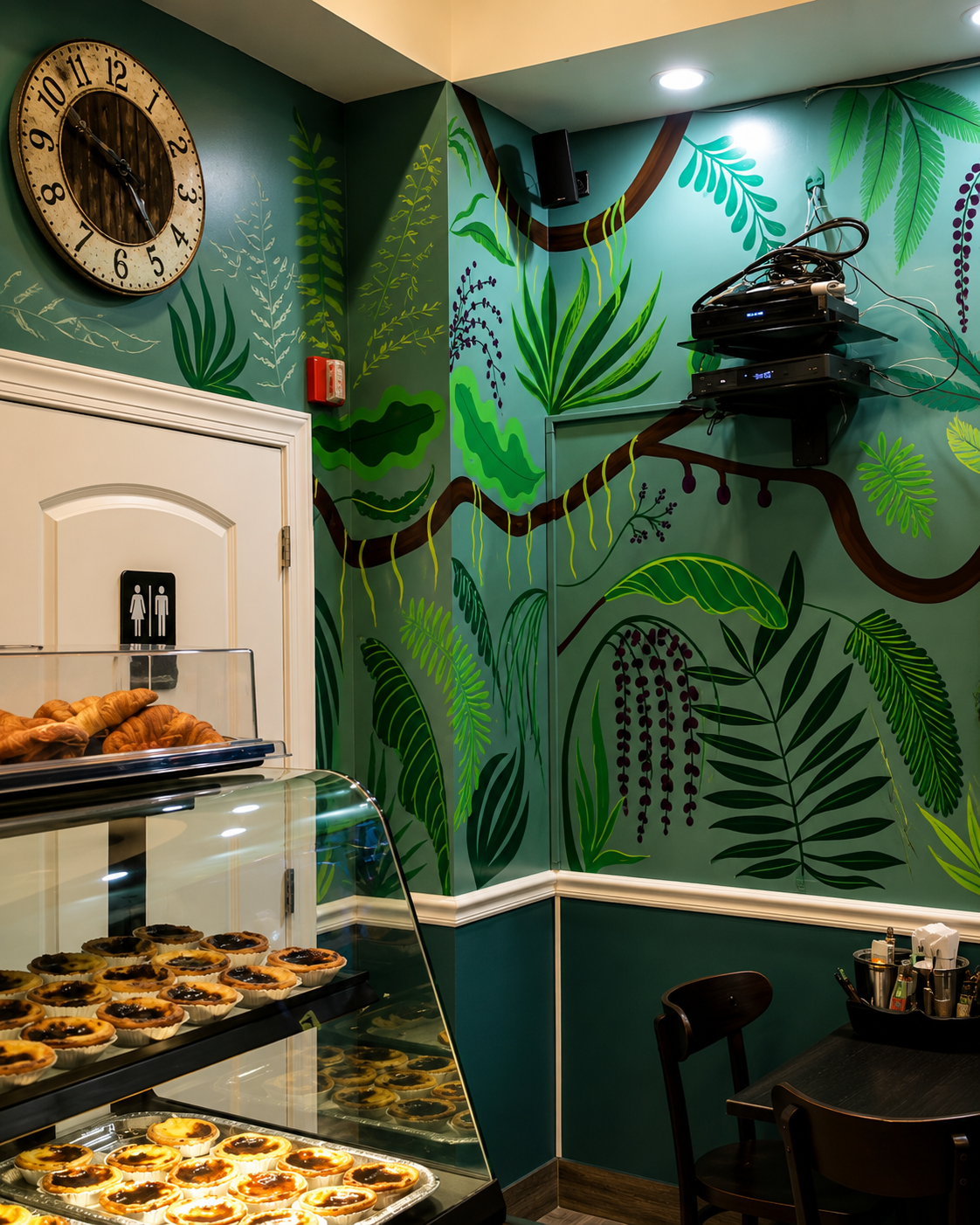 Wraparound jungle café mural in deep teals with hanging vines, ferns and a coral monkey on a branch