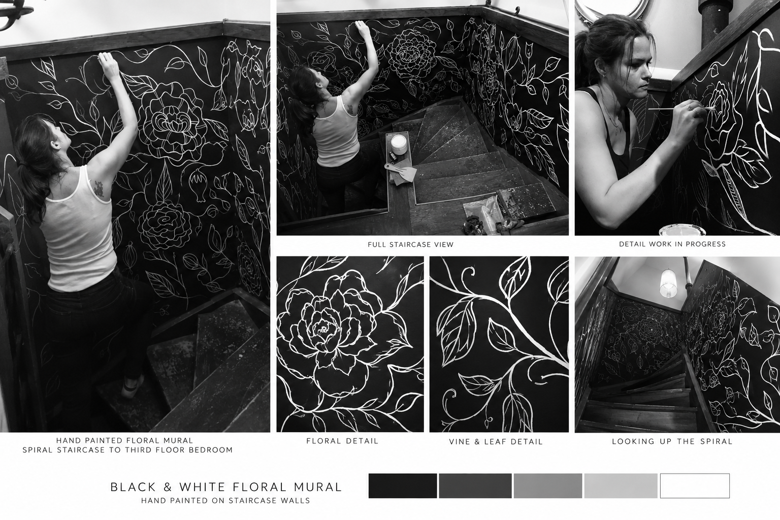 Black-and-white floral mural climbing a dark wood spiral staircase to a loft bedroom