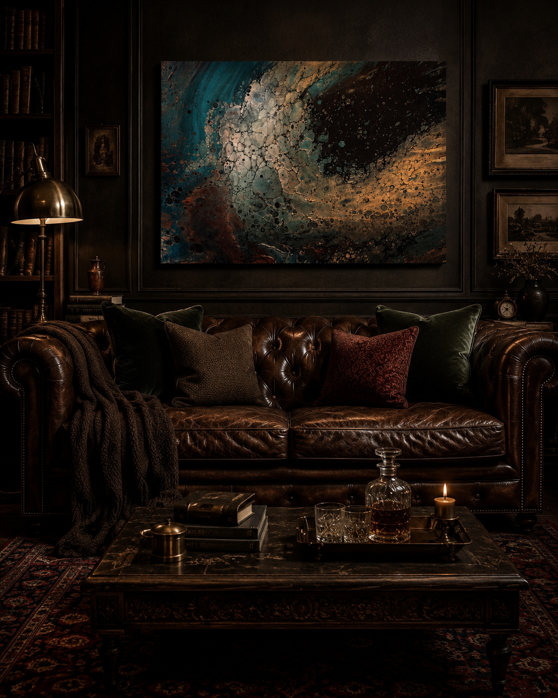 Abstract fluid acrylic painting with cells of teal, gold, and copper resembling a galaxy