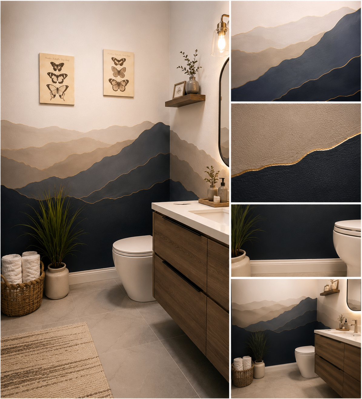 Layered mountain landscape mural in a bathroom with deep navy, mist blues, warm sand, and gold line details