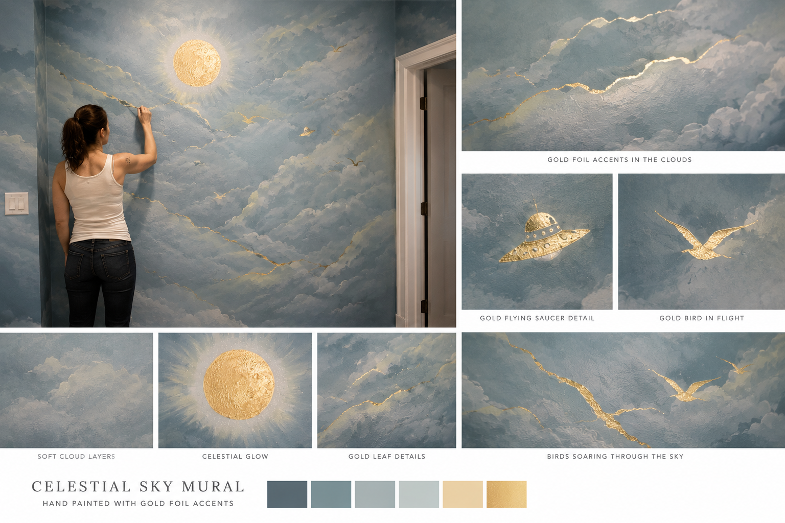 Celestial sky mural in a kitchen with soft cloud layers, gold foil sun, birds, and gold leaf accents