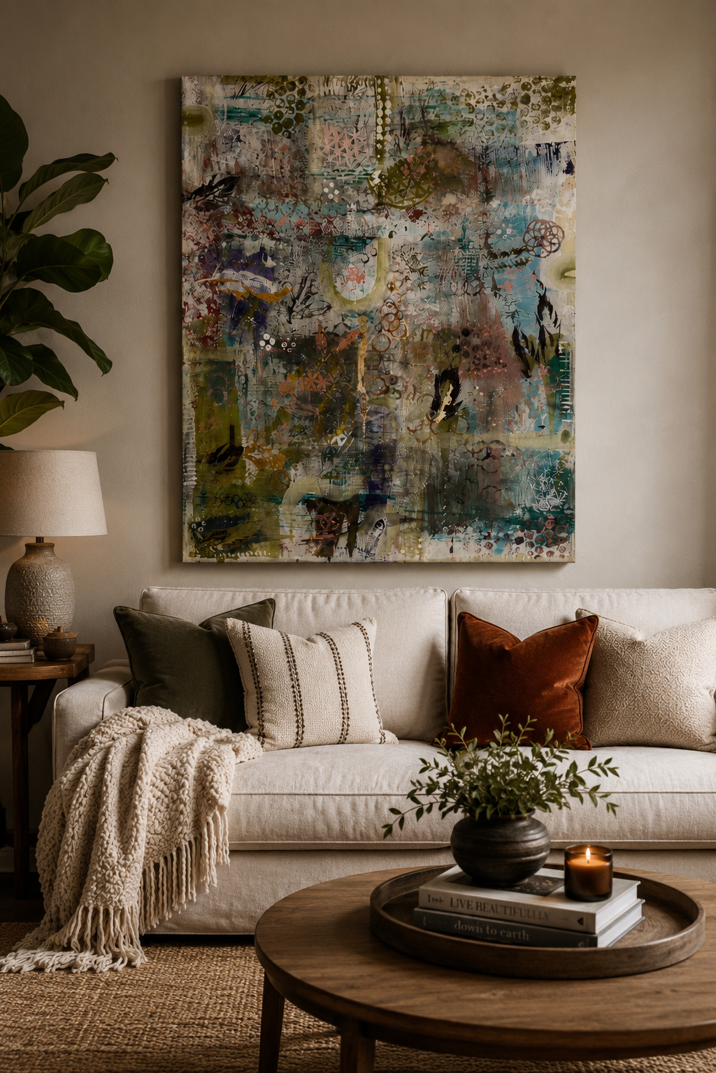 Abstract fluid acrylic canvas with mosaic of teals, olives, cream and rust