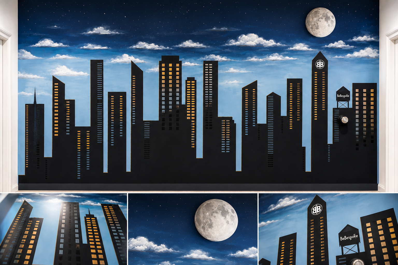 Cityscape mural in a custom men's tailor shop with a silver moon above the skyline