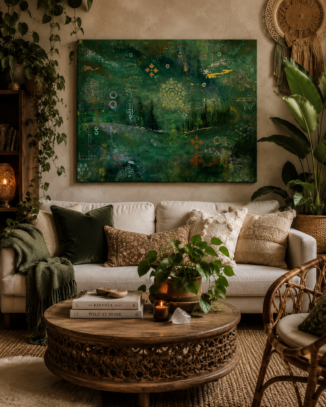 Abstract fluid acrylic painting in deep emerald greens with gold mandala detail