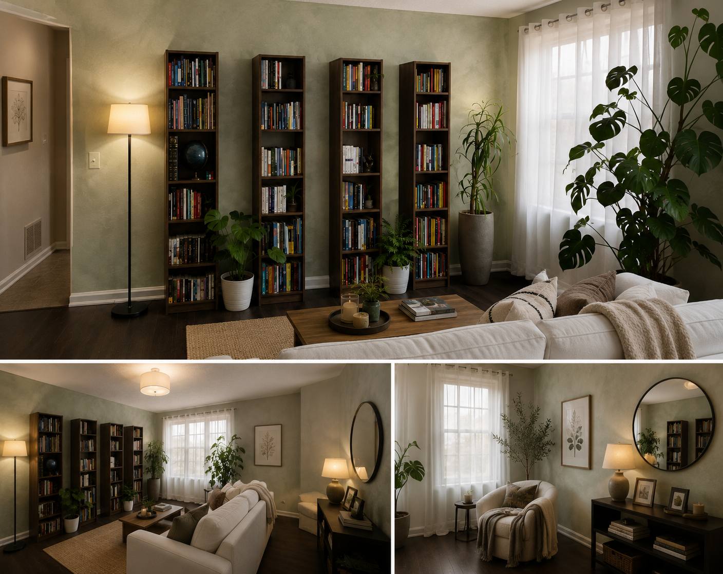 Pale pine faux lime wash living room with tall bookcases and warm natural light