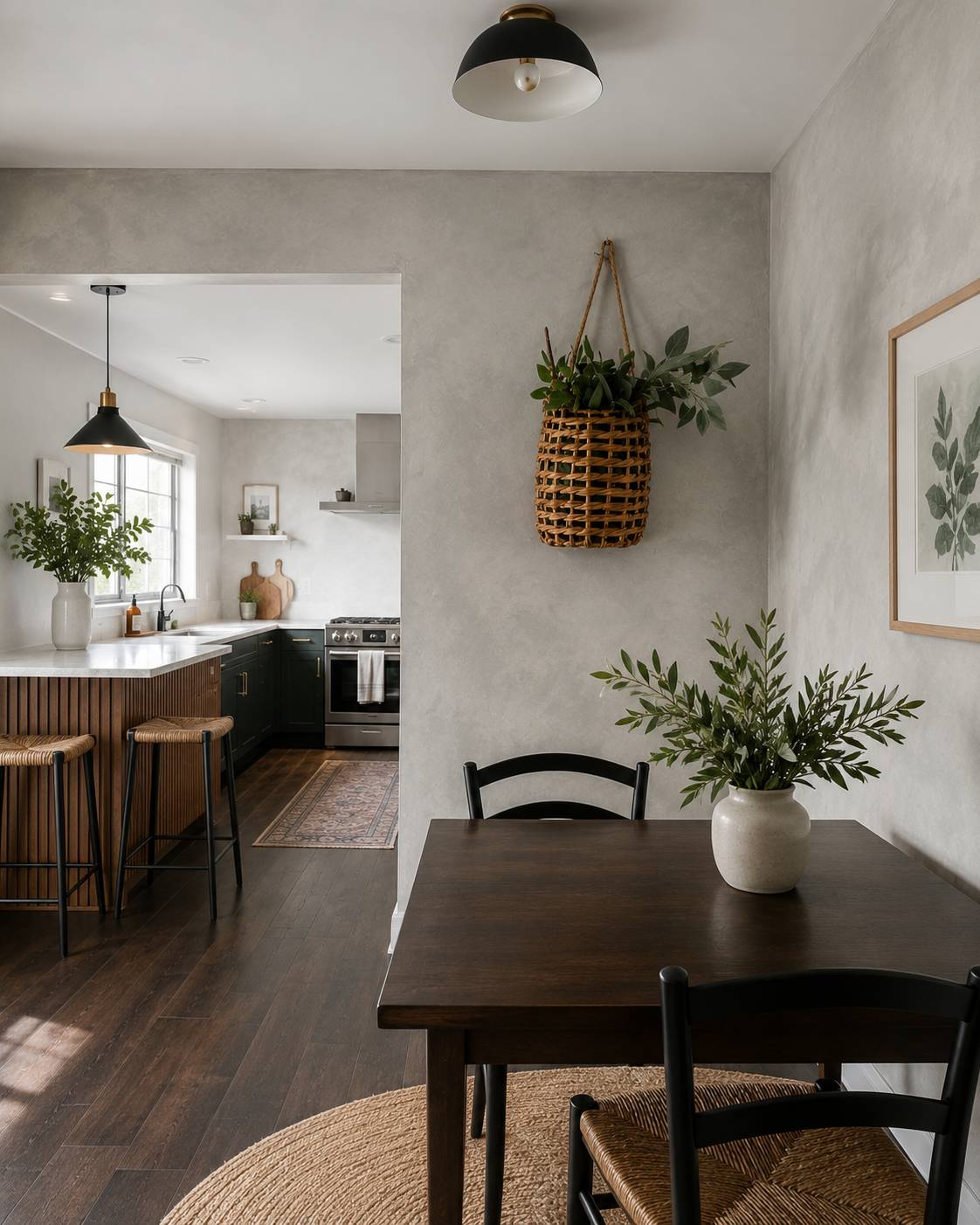 Concrete-look lime wash kitchen and dining nook in soft neutral grey with dark wood island and black accents