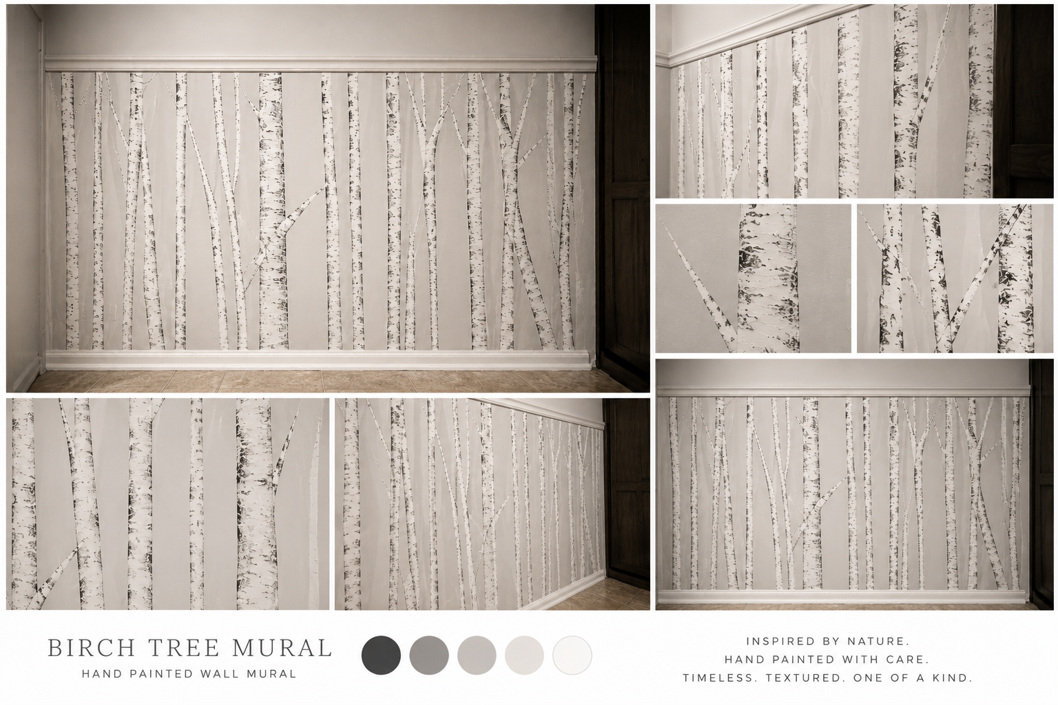 Birch tree mural along a mudroom accent wall with white trunks and charcoal bark on a soft grey field