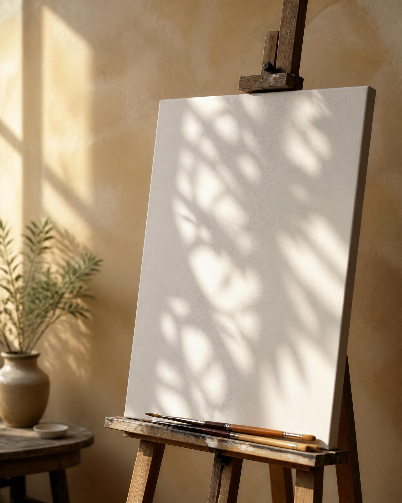 Blank canvas on a wooden easel in morning light against a tan lime-wash wall